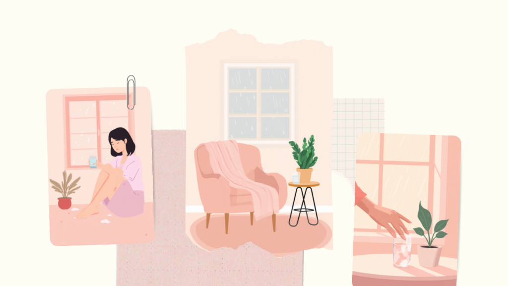 低気圧の雨の日に水を飲みながら足のむくみをケアする女性のイラスト