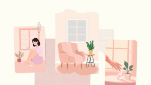 低気圧の雨の日に水を飲みながら足のむくみをケアする女性のイラスト
