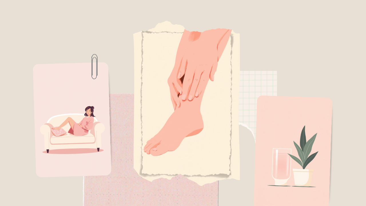 ソファで足を上げてむくんだ足首をケアする女性のイラスト