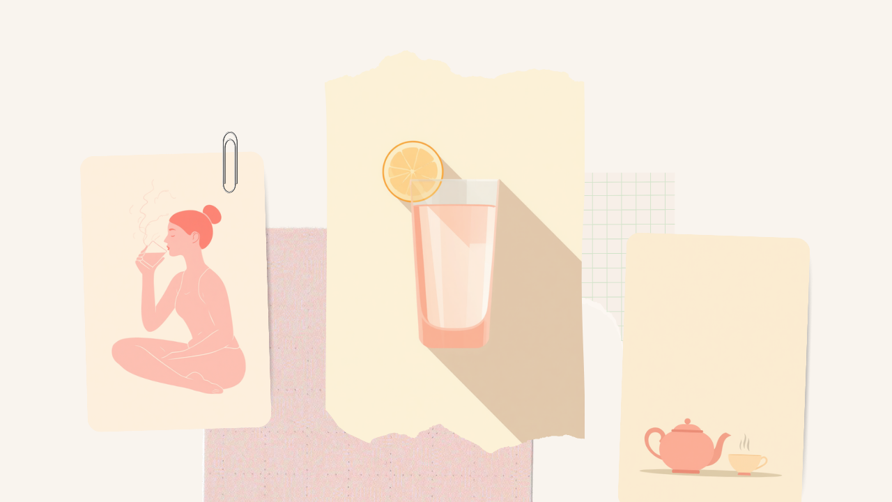 コップの水を飲む女性とレモン水・お茶のイラスト