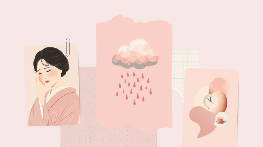 気象病・低気圧による頭痛と天気の変化をイメージした、頭に手を当てる女性・雨雲・時計のやさしいコラージュイラスト