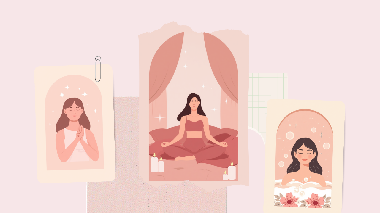 目を閉じてリラックスし、ツボ押しや瞑想でセルフケアをする女性たちのイラスト