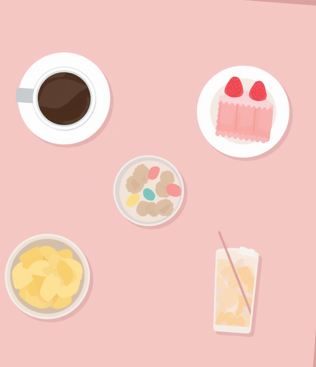 気象病で控えめにしたい食べ物のイメージ。コーヒー・ケーキ・お菓子・スナック・冷たい飲み物が並ぶ淡いピンクのイラスト