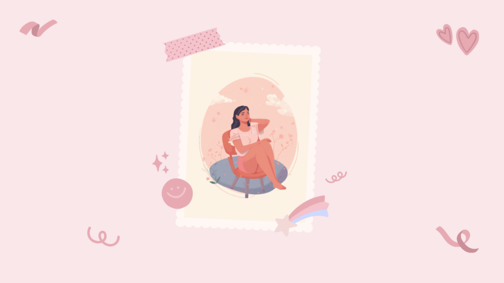 いすに座って首と肩をゆったりストレッチしてリラックスする女性のイラスト
