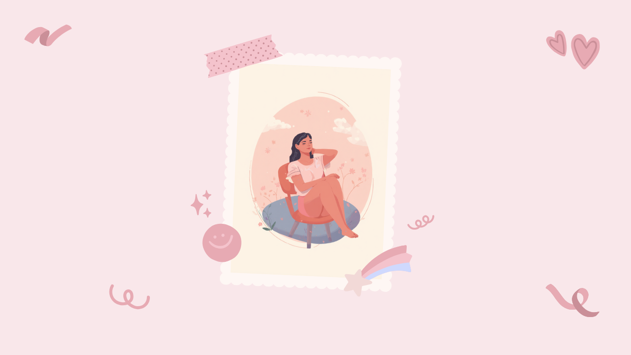 いすに座って首と肩をゆったりストレッチしてリラックスする女性のイラスト