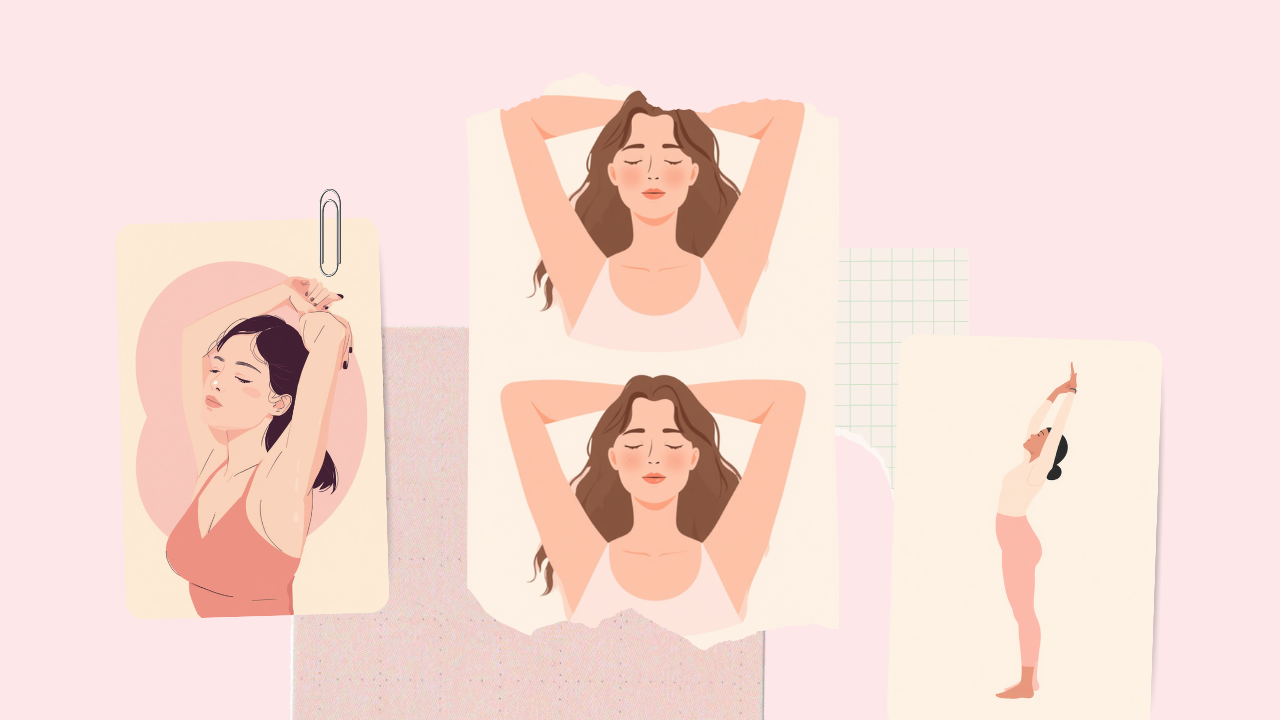 両腕を上げて首や肩をのばすストレッチのやり方を示す女性のイラスト
