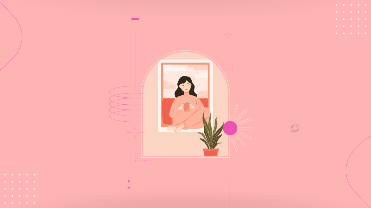 窓辺で温かい飲み物を持ってくつろぐ女性のイラスト