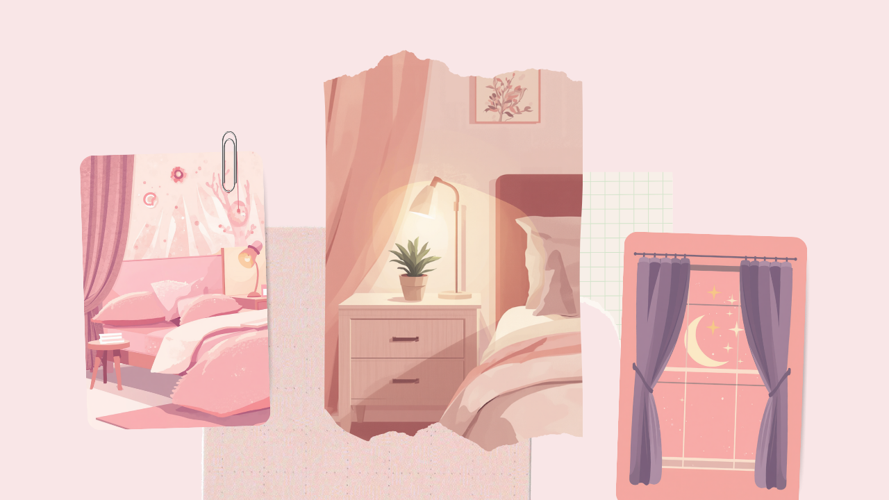 間接照明や観葉植物で整えた眠りやすい寝室のイラスト
