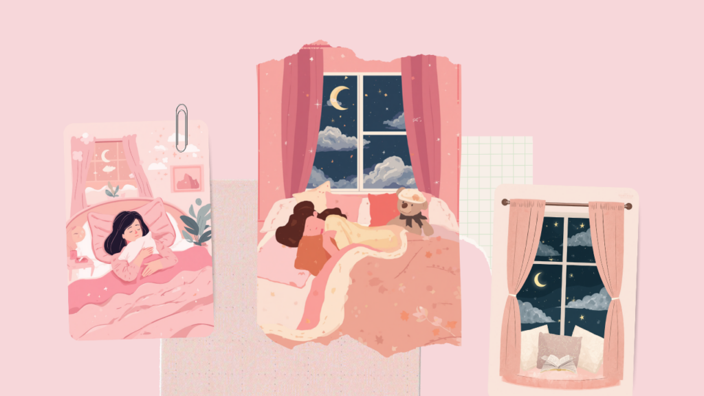 ベッドで気持ちよく眠る女性のイラスト（気象病と睡眠）
