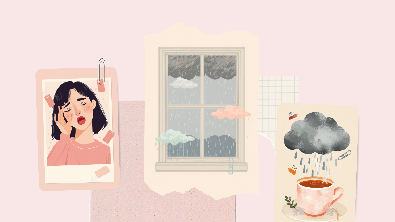 低気圧の雨の日に眠気とだるさを感じる女性のイラスト