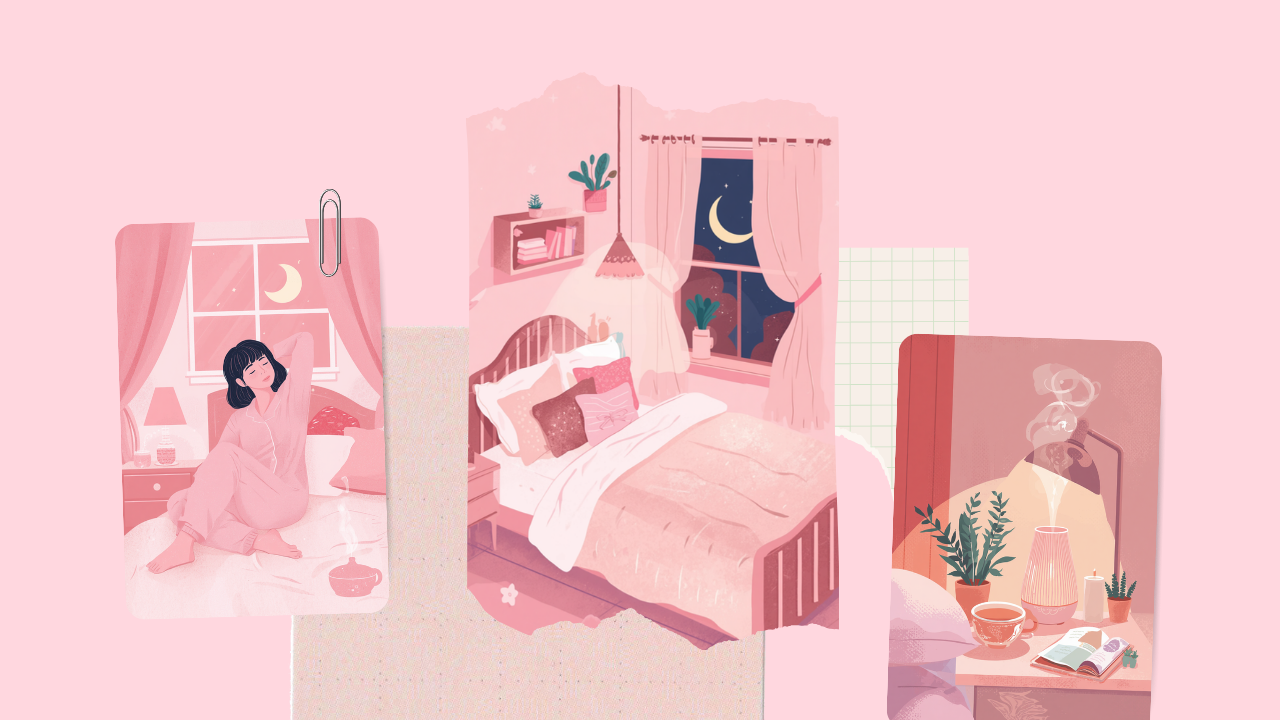 就寝前にストレッチやハーブティーでリラックスして眠りに備える女性のイラスト