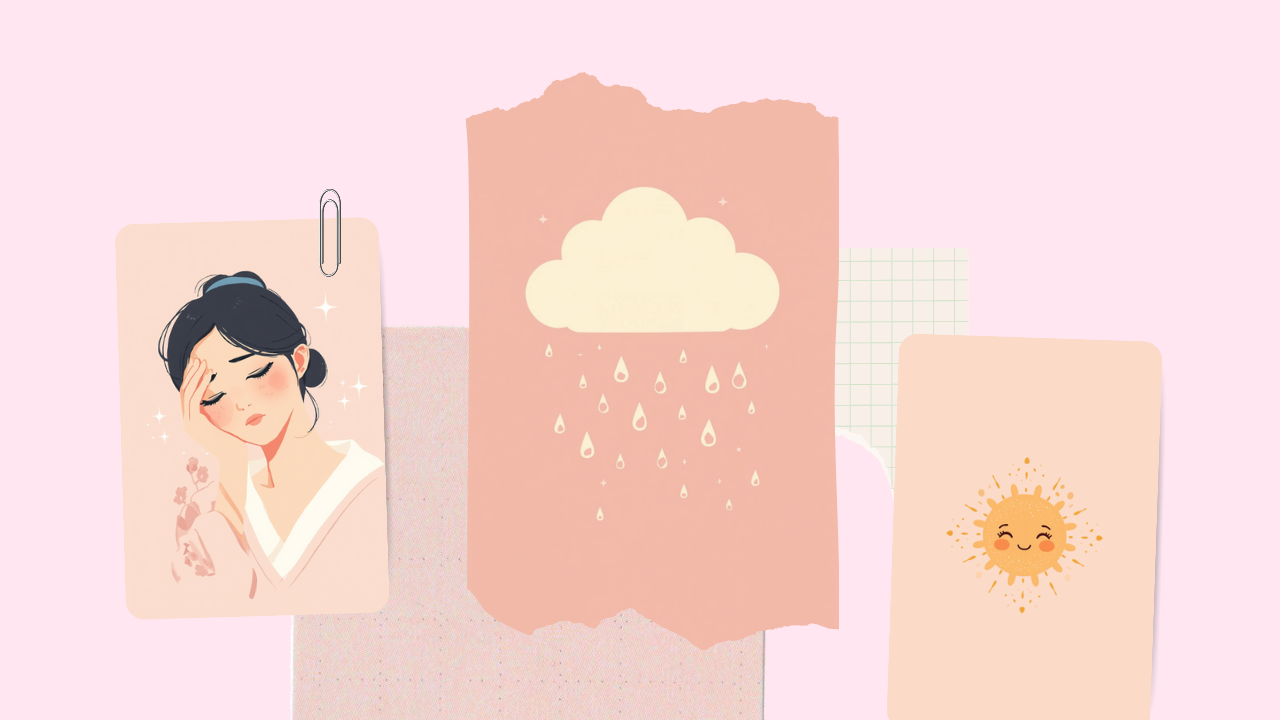 天気の変化で不調を感じる様子をイメージした、頭に手を当てる女性・雨雲・太陽のやさしいコラージュイラスト