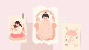 子どもを気づかう母親、ソファで休む子ども、雨雲と温かい飲み物を描いた淡いピンクのフラットイラスト