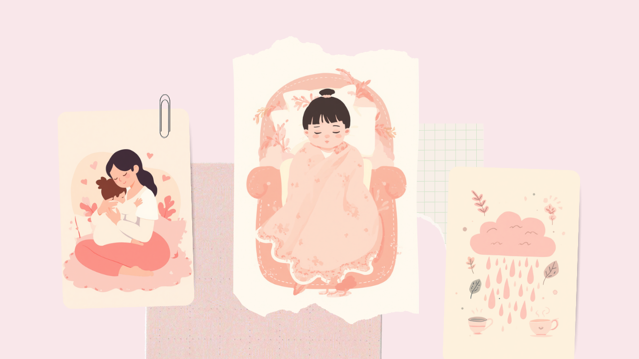 子どもを気づかう母親、ソファで休む子ども、雨雲と温かい飲み物を描いた淡いピンクのフラットイラスト