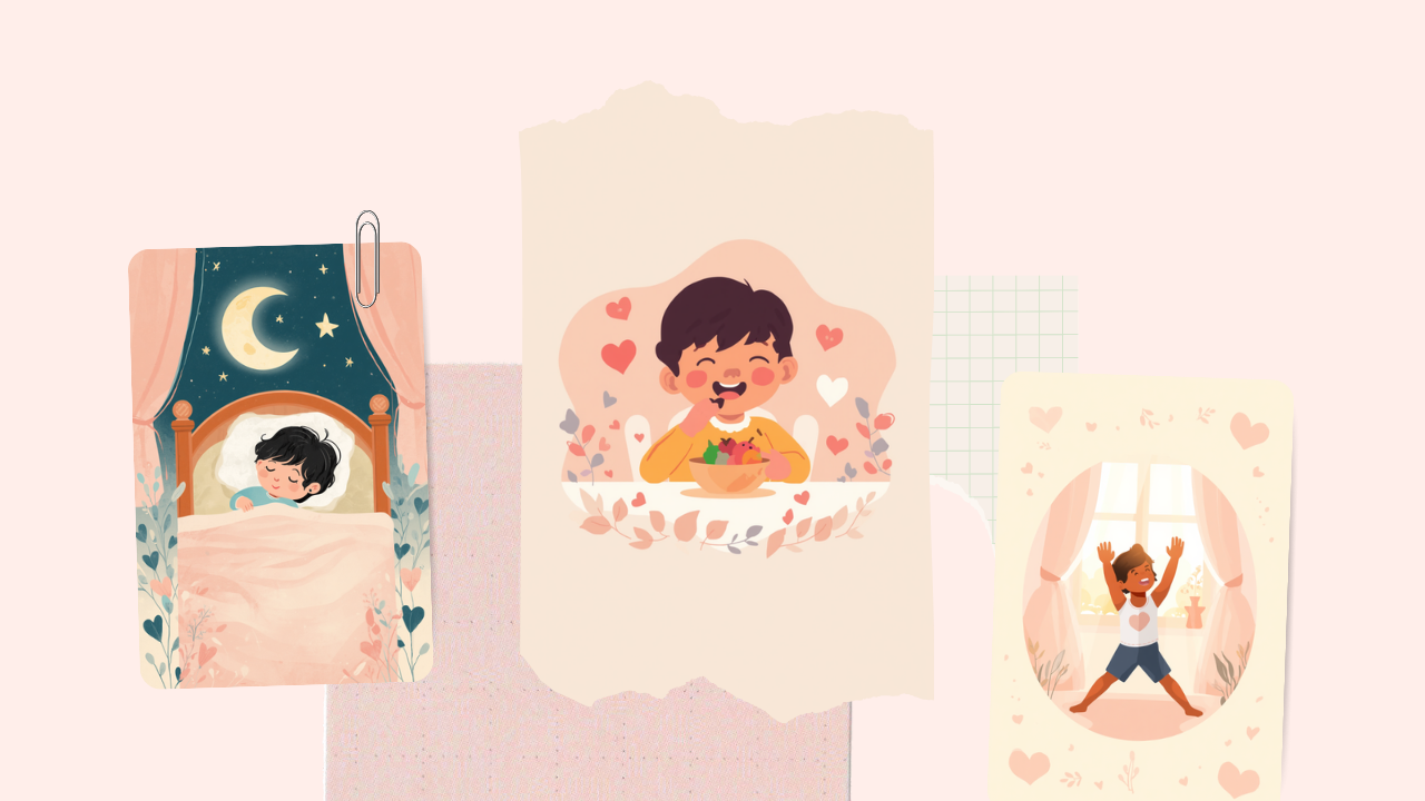 夜ぐっすり眠る子ども、朝食を食べる子ども、朝の光でストレッチする子どものイラスト