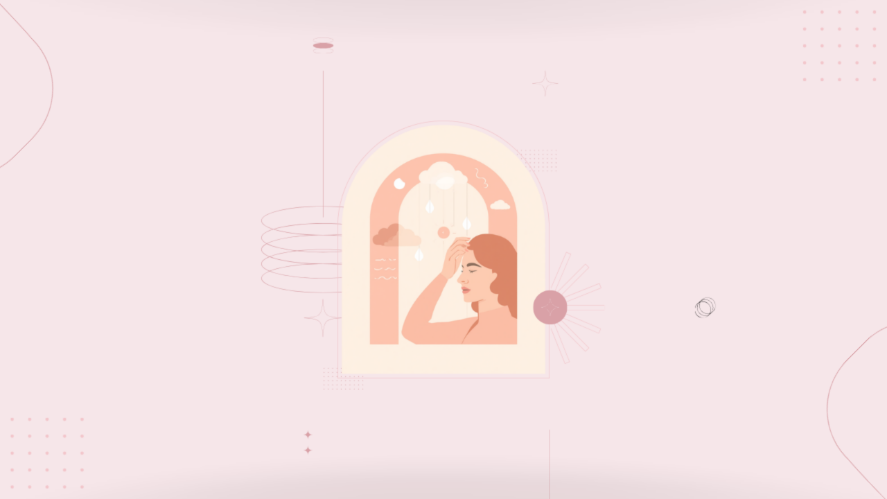 天気の変化に頭を押さえる女性のイラスト