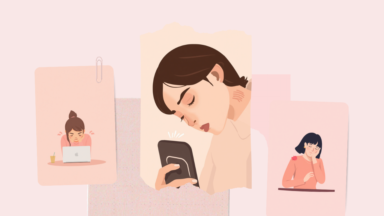 パソコンやスマホの前かがみ姿勢で首・肩がこる原因を表した女性のイラスト