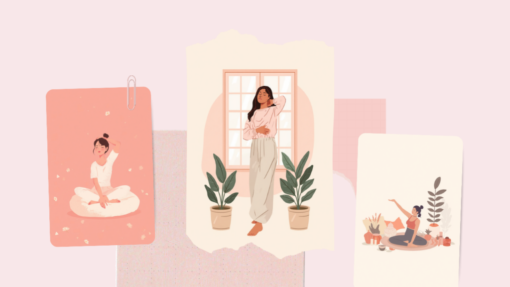 首や肩のストレッチをする女性のイラスト（座って首を伸ばす・窓辺で肩を伸ばす・マットでストレッチ）