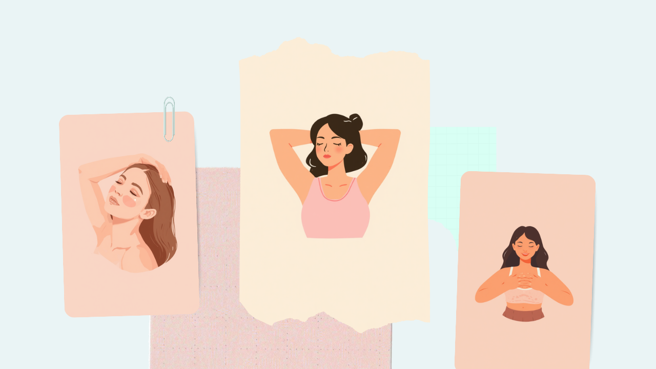 首を横に倒す・肩を回す・胸を開くなど首と肩のストレッチをする女性のイラスト