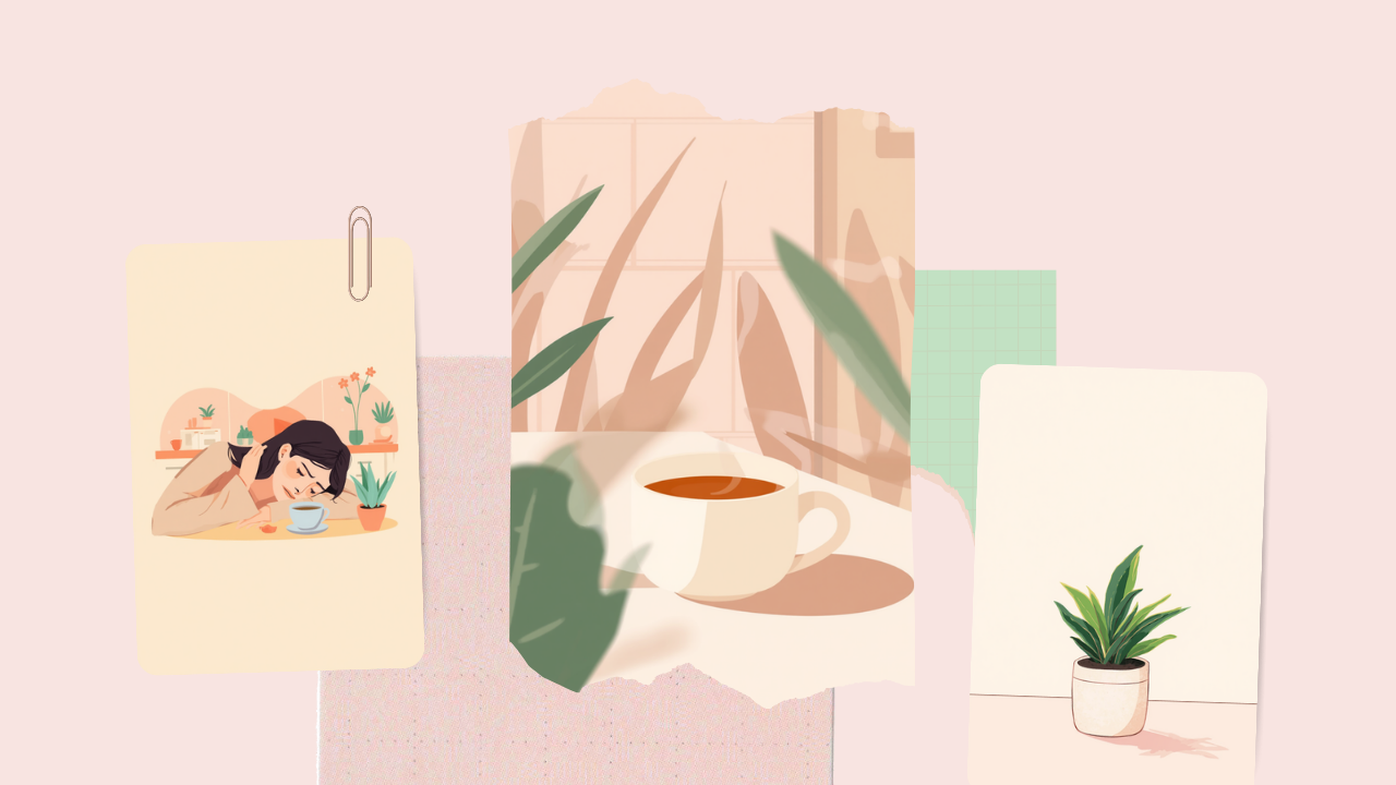 机で頭を休める疲れた女性とお茶・観葉植物のイラスト