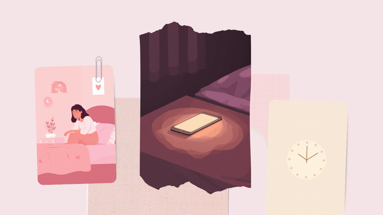 夜にスマホを見て眠れずベッドに座る女性のイラスト