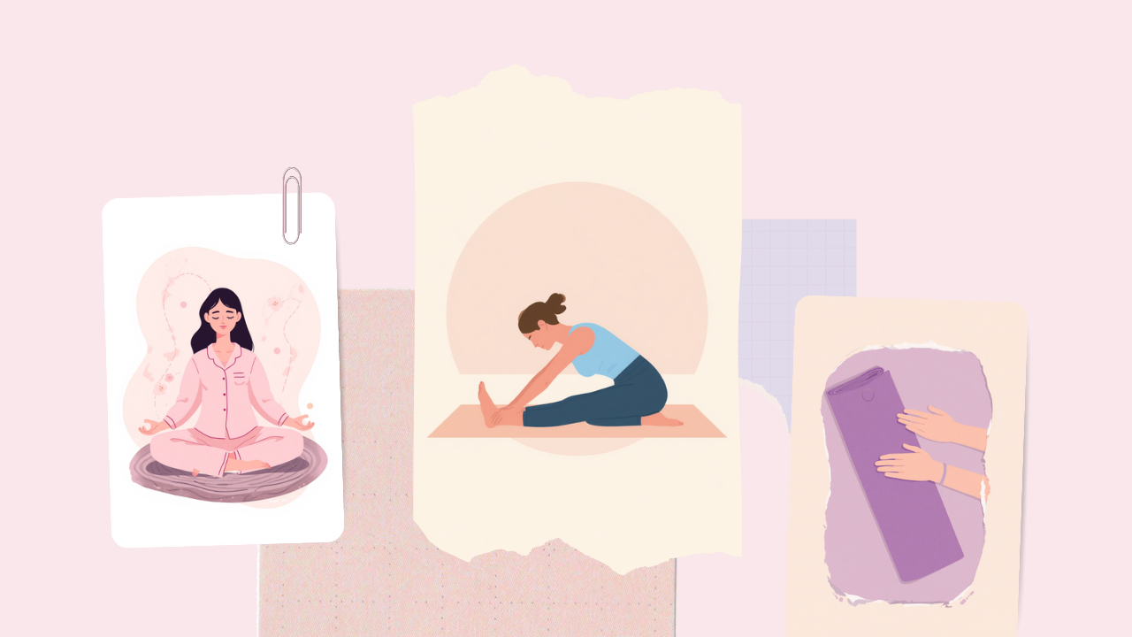 寝る前に深呼吸やストレッチをする女性のイラスト