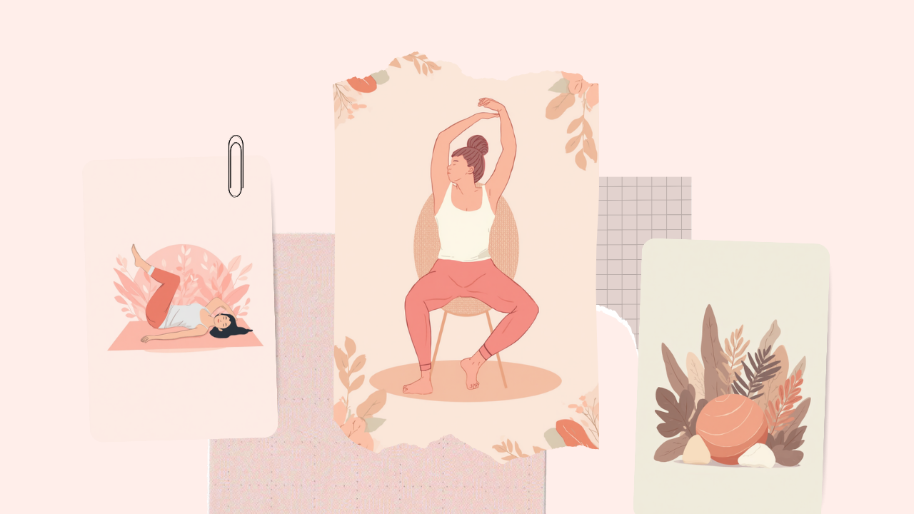 椅子や床でお尻の梨状筋ストレッチをする女性のイラスト