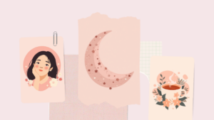 PMDDとPMSの違いをやさしく表した、月・女性・お茶のピンク色のイラスト