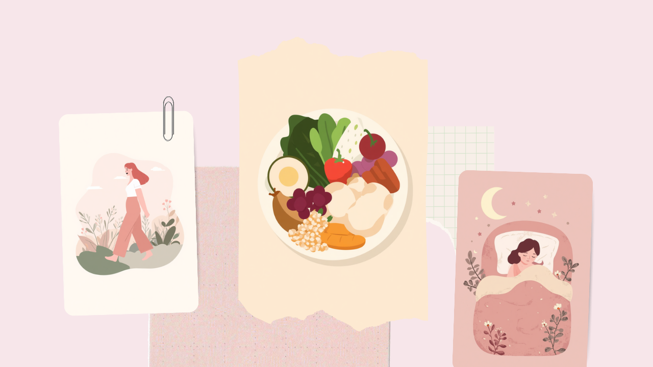 散歩・バランスのよい食事・睡眠など生活習慣を整える女性のイラスト