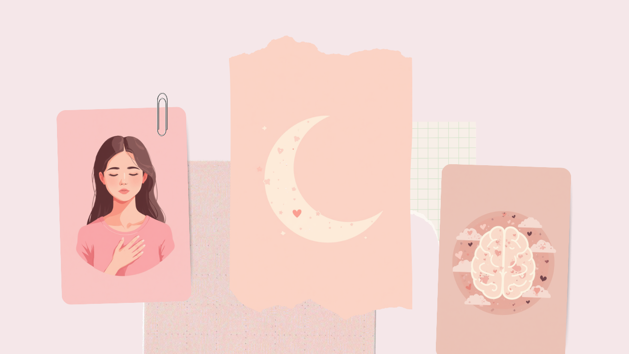 生理前に気分が落ち込む女性と月・脳のイラスト。PMDDのイメージ
