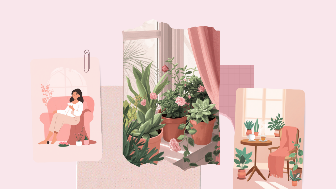 自律神経を整えてくつろぐ女性と観葉植物のイラスト