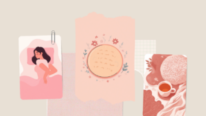 ベッドで横になって休む女性と湯たんぽ・温かいお茶の淡いピンクのイラスト