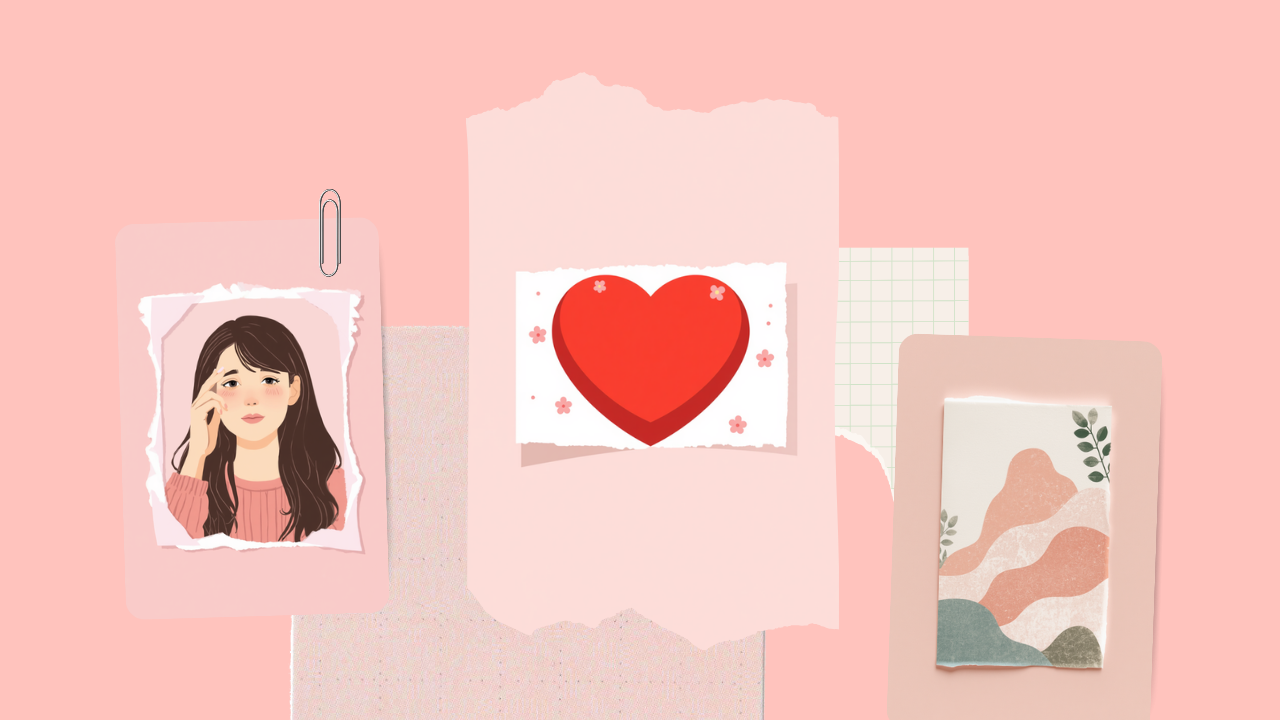 こめかみを押さえる女性とハート・体のリズムを表す淡いピンクのイラスト