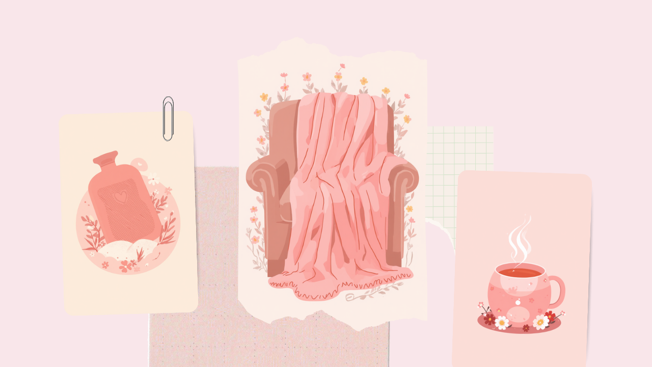 湯たんぽ・ブランケット・温かいお茶で体を温めるセルフケアの淡いピンクのイラスト