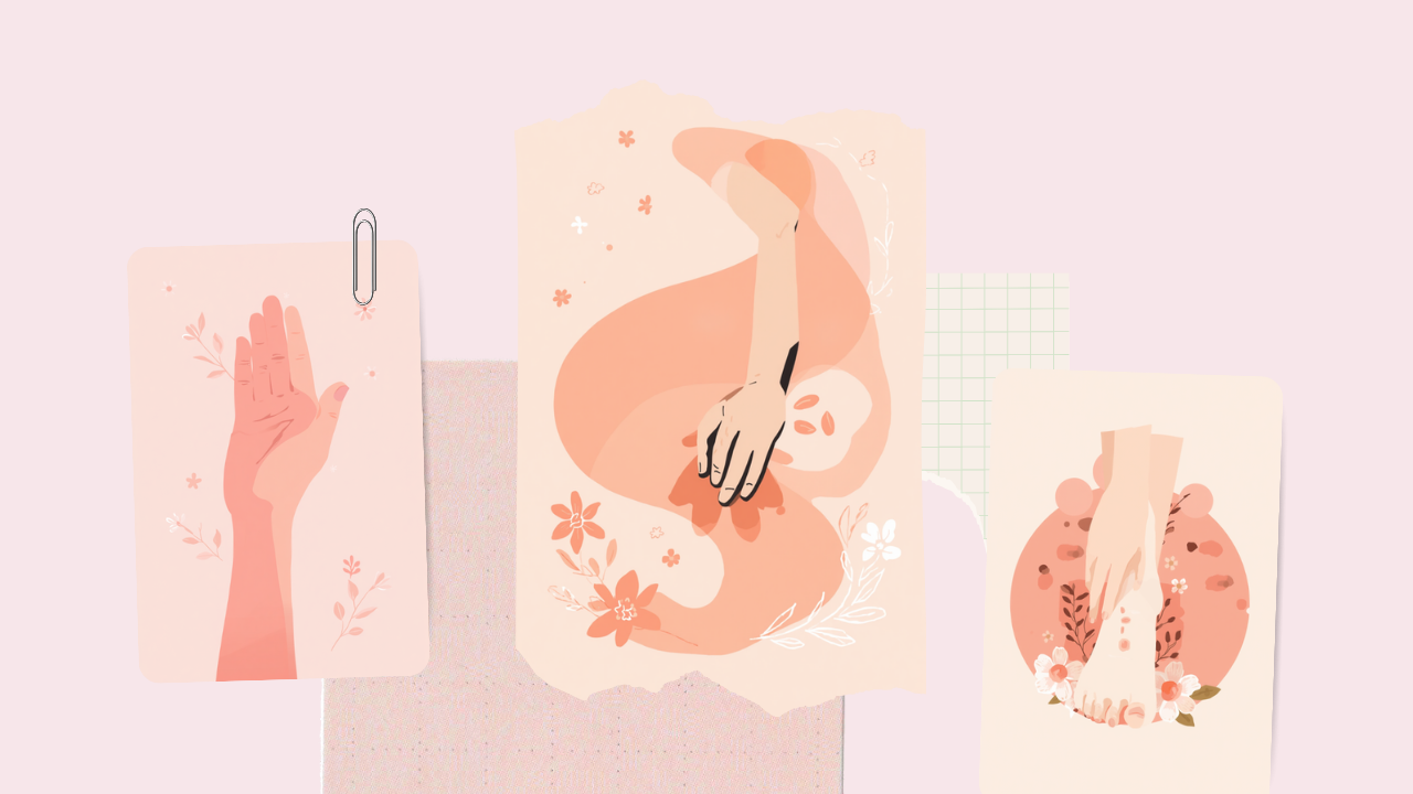 手のツボ押しと腰まわりのマッサージを表す淡いピンクのイラスト