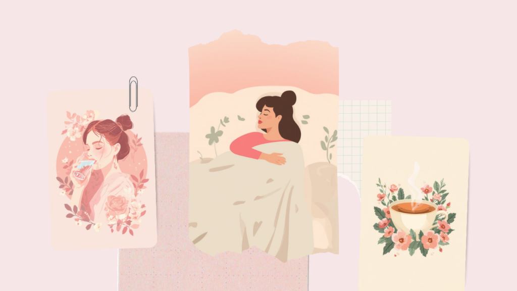 水を飲む女性やソファでくつろぐ女性、ハーブティーを描いた淡いピンクのイラスト