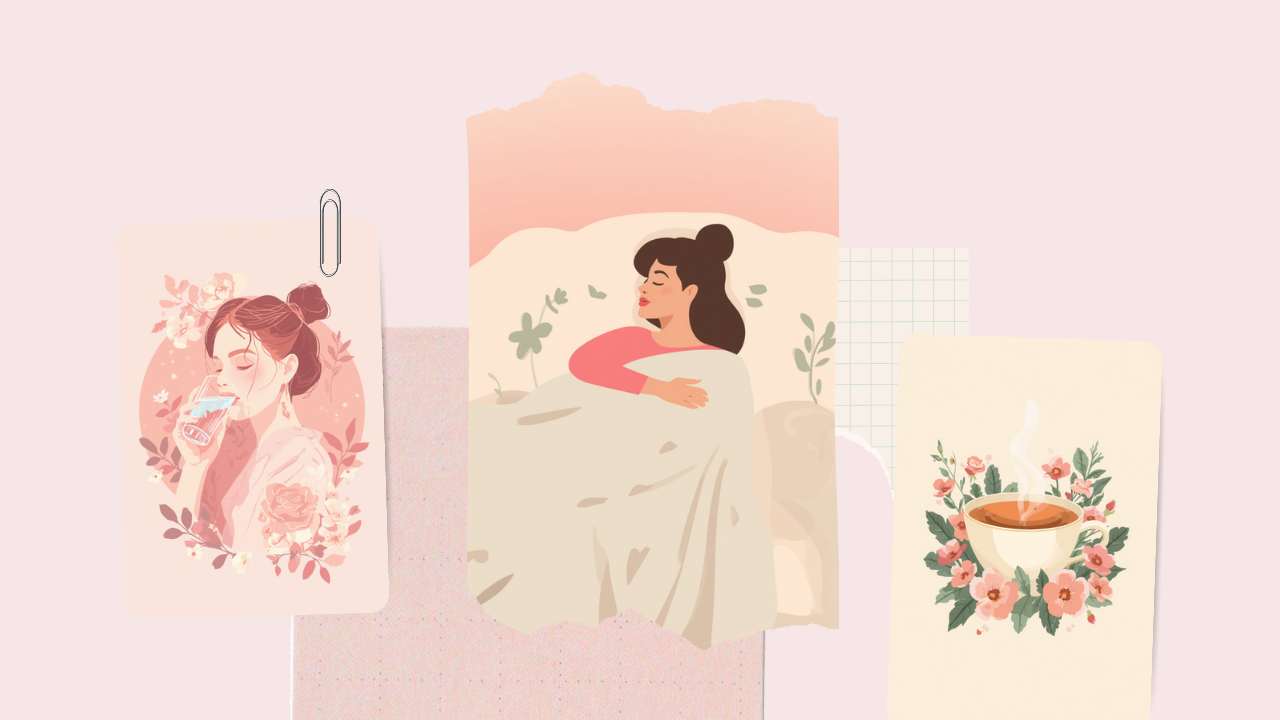 水を飲む女性やソファでくつろぐ女性、ハーブティーを描いた淡いピンクのイラスト