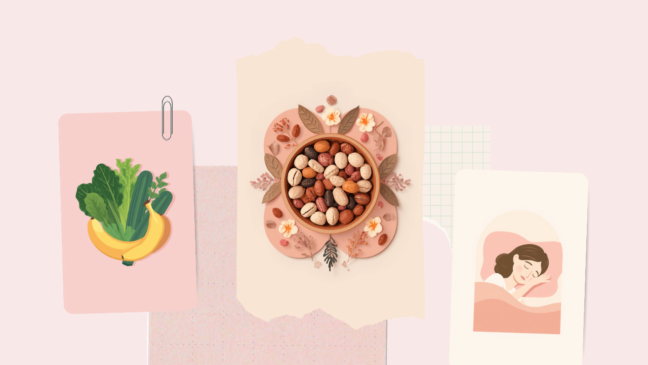 葉物野菜やバナナ・豆やナッツ・眠る女性を描いた、むくみ予防の食事と生活習慣のイラスト