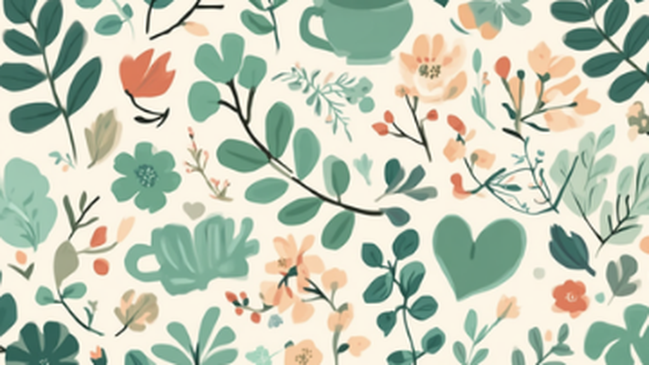 植物や葉・カップを描いた爽やかなグリーンのイラスト。日中の眠気への対処のイメージ