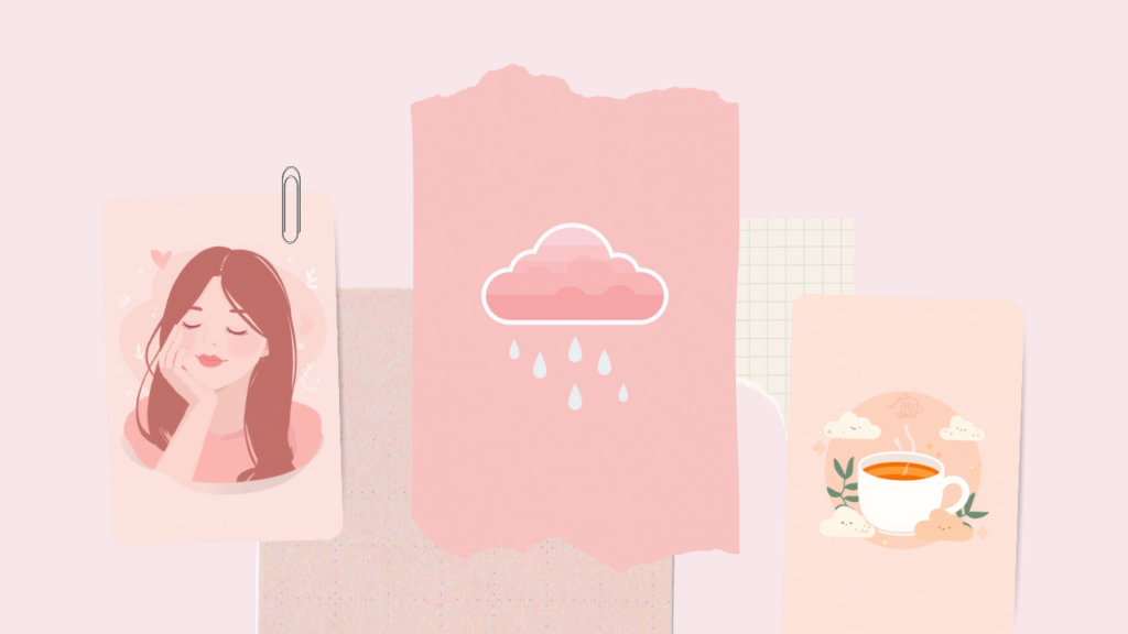 低気圧の日に頭を押さえて休む女性・雨雲・温かいお茶のイラスト