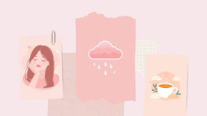 低気圧の日に頭を押さえて休む女性・雨雲・温かいお茶のイラスト