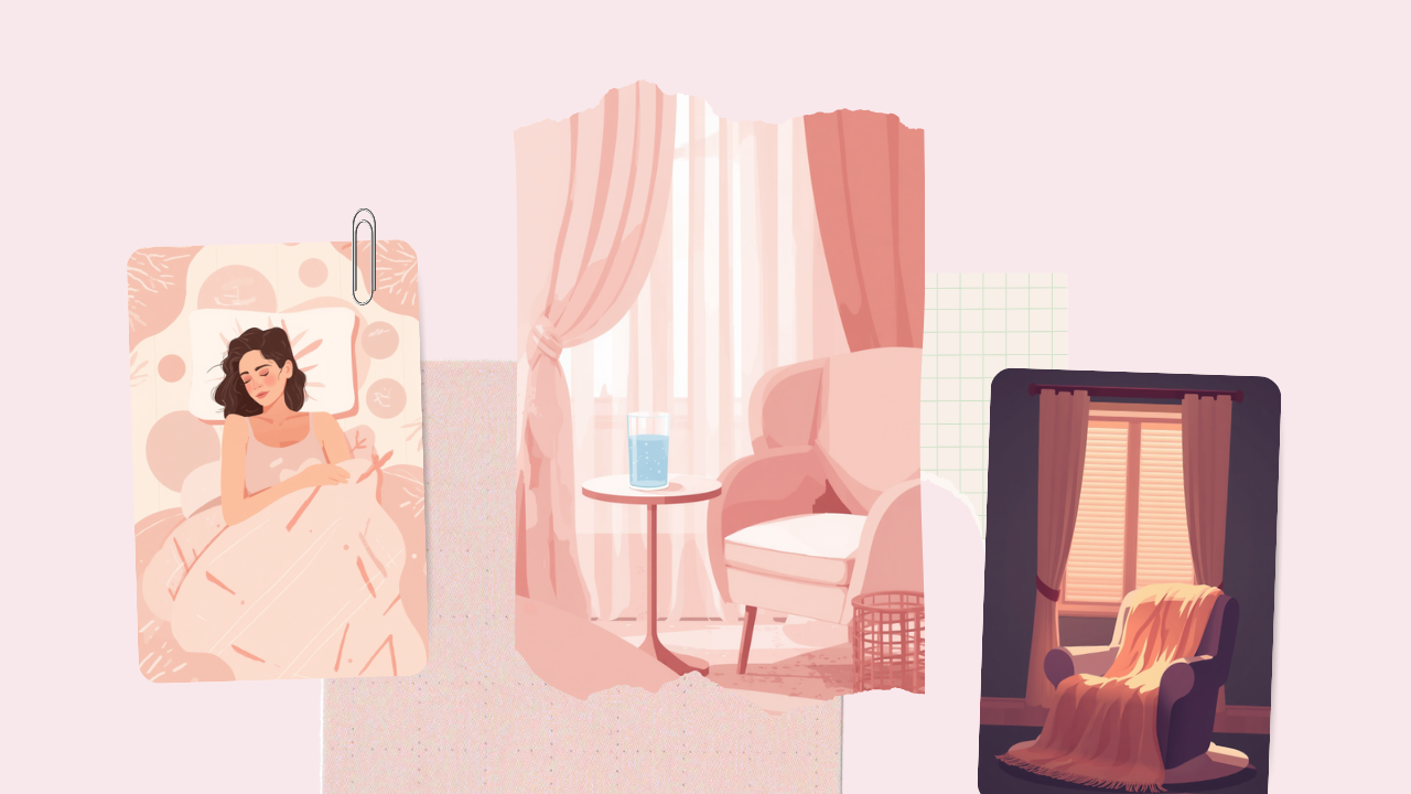 暗く静かな部屋で横になって休む女性とコップの水のイラスト