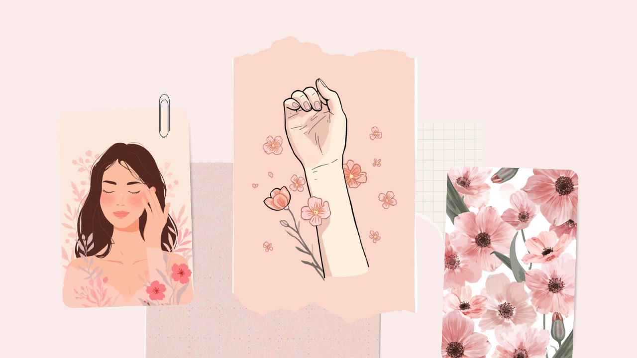 耳や手首のツボを押してセルフケアする女性の淡いピンクのイラスト