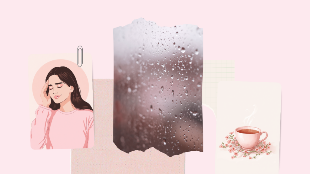 頭痛をおさえる女性と雨の窓、温かいお茶を描いた淡いピンクのイラスト