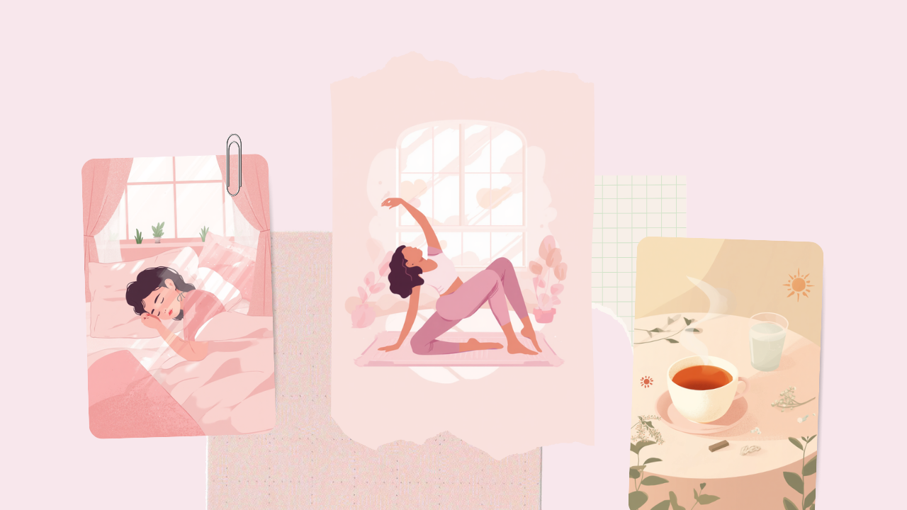 睡眠・朝のストレッチ・お茶など整った生活習慣を描いたイラスト