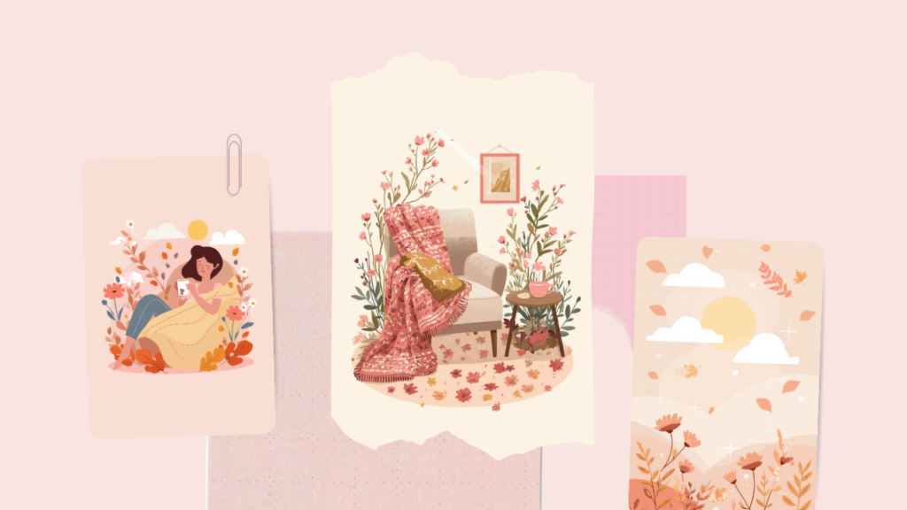 秋バテでだるさや頭痛を感じる女性と、秋の落ち葉・温かいお茶・毛布を描いた淡いピンクのイラスト