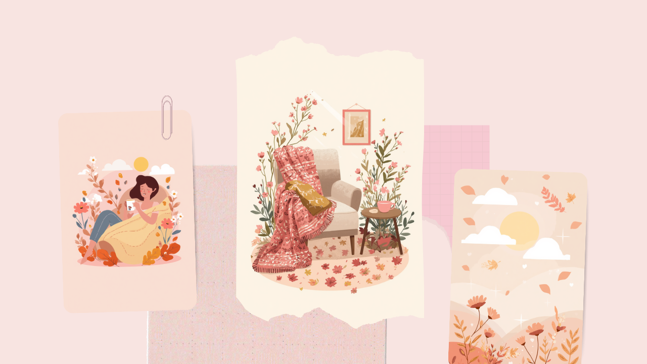 秋バテでだるさや頭痛を感じる女性と、秋の落ち葉・温かいお茶・毛布を描いた淡いピンクのイラスト