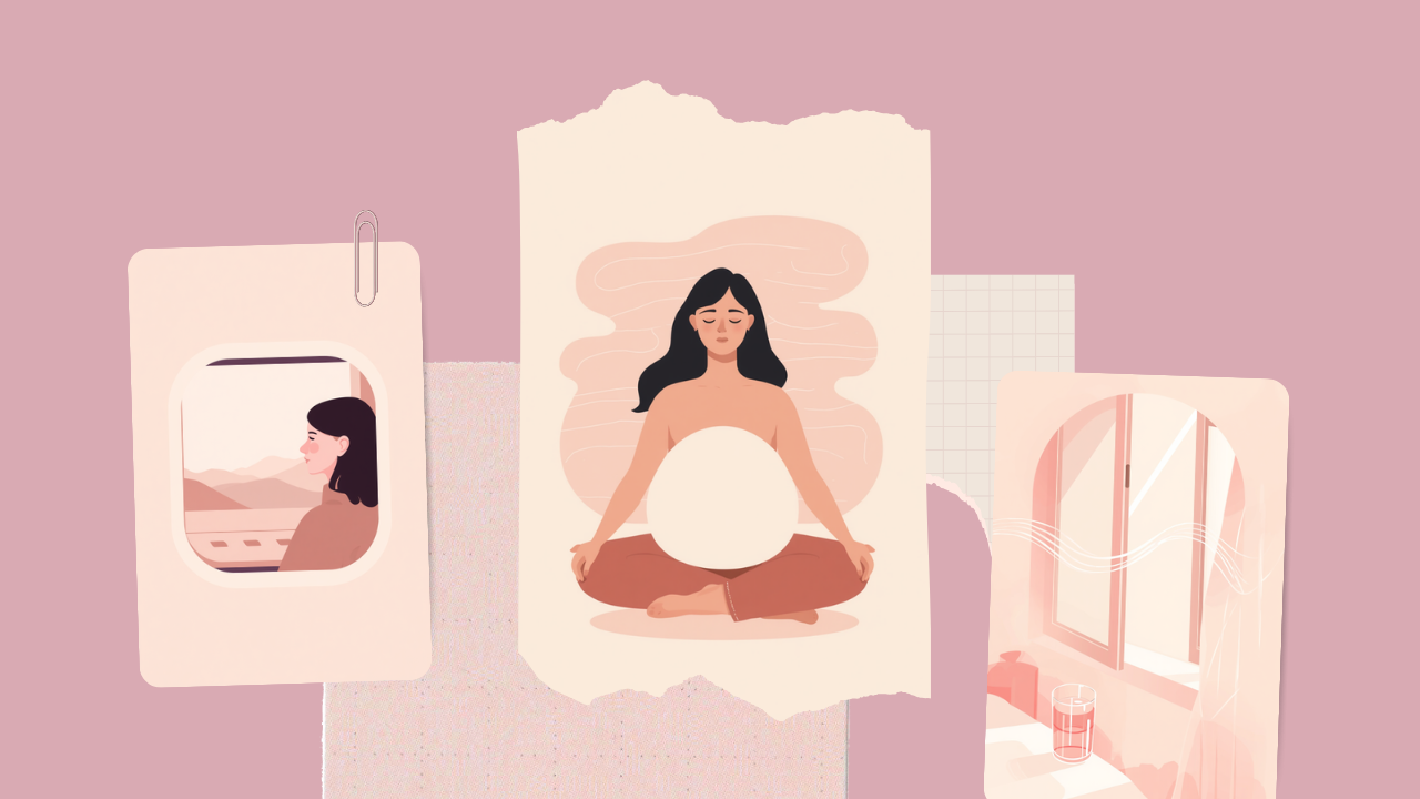 窓の外の景色を眺めて深呼吸する女性と水のグラスのイラスト