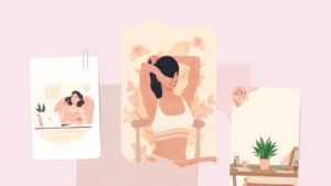 デスクで休憩する女性やお茶・観葉植物を描いた淡いピンクのイラスト