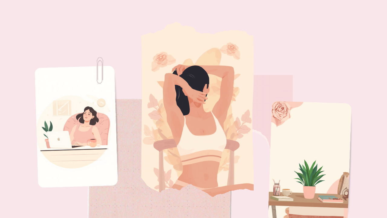 デスクで休憩する女性やお茶・観葉植物を描いた淡いピンクのイラスト